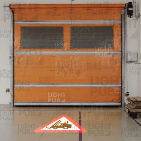 Projection of illuminated sign warning cart in front of door automatic opening Projection of illuminated sign warning cart in front of door automatic opening